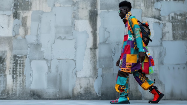 Vibrante moda colorido traje de patchwork en una pared con textura