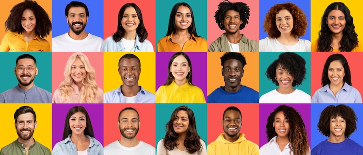 Foto un vibrante mosaico de rostros sonrientes de diversas etnias y estilos frente a una serie de audaces