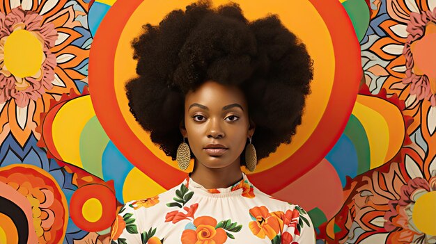 Una vibrante mujer colombiana con un afro posando frente a una pared colorida