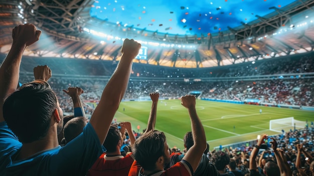 Una vibrante multitud de personas aplaudiendo y agitando banderas en un partido de fútbol