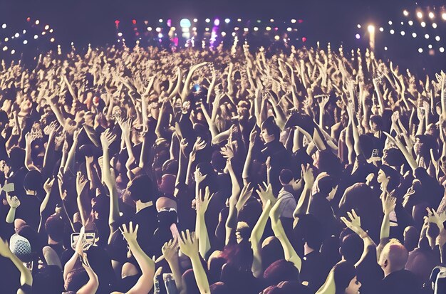 Foto una vibrante multitud de personas con los brazos levantados en el aire iluminados por las luces del escenario