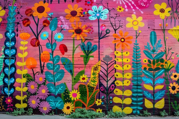 Foto vibrante mural de arte callejero de un jardín colorido