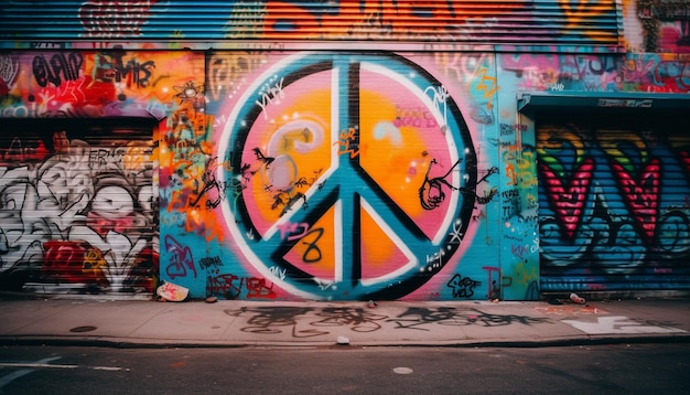 Foto vibrante mural de graffiti ilumina ruas sujas da cidade com cultura jovem caótica gerada por ia