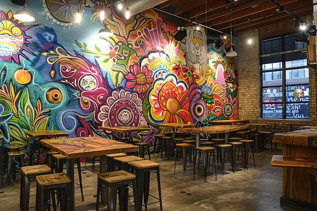 Un vibrante mural decora el interior de una acogedora cafetería con muebles de madera