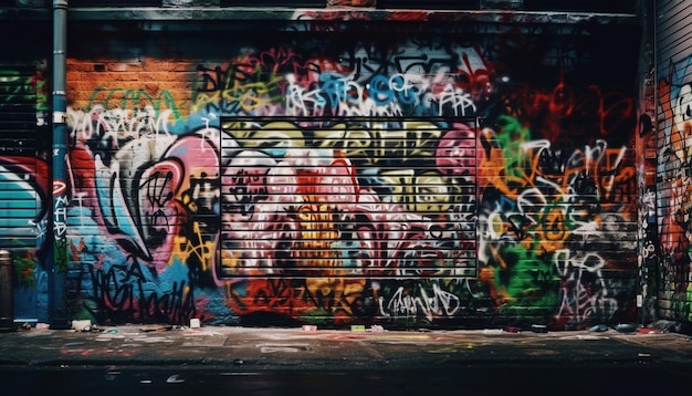 Vibrante mural de grafiti da vida a las caóticas calles de la ciudad por la noche generado por IA
