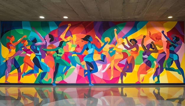 Un vibrante mural a gran escala de mujeres en varias posturas atléticas