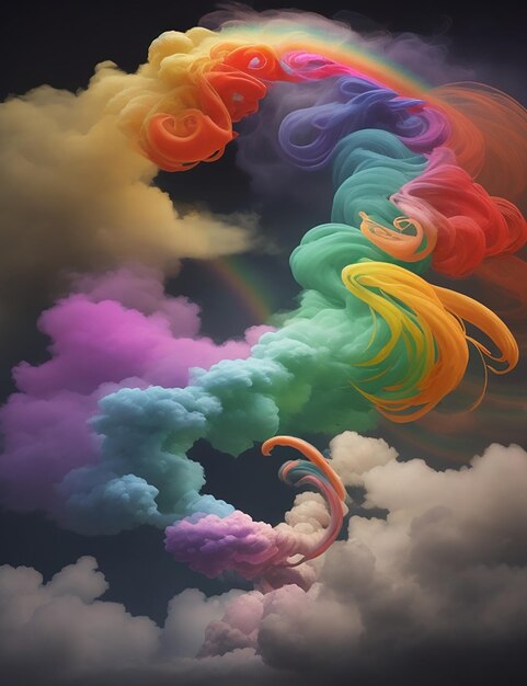 Foto una vibrante nube giratoria de humo iluminada por un espectro de tonos del arco iris