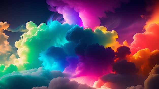 Una vibrante nube de humo arremolinada iluminada por un espectro de tonos de arcoíris