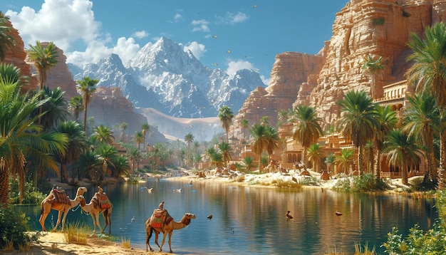 Foto un vibrante oasis del desierto en 3d