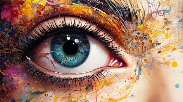 Vibrante obra de arte digital de un ojo humano con intrincados elementos steampunk y vivas salpicaduras de color que fusionan el realismo con la fantasía