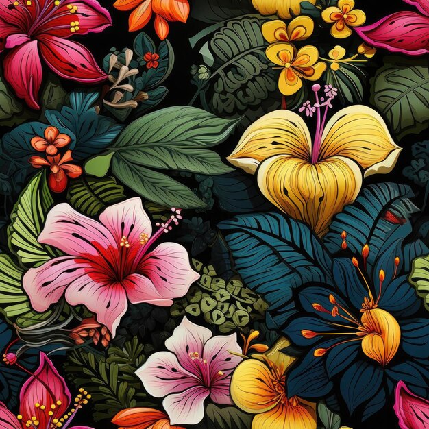 Vibrante padrão floral tropical sem costura em um fundo preto lado a lado