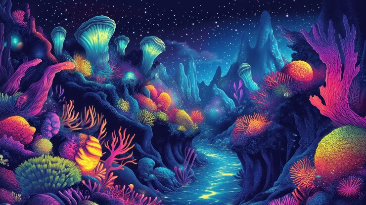 Vibrante paisaje de arrecifes bioluminescentes bajo un cielo estrellado por la noche