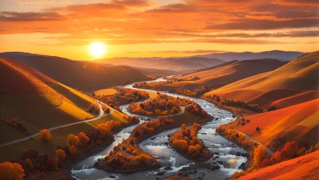Foto vibrante paisaje de dibujos animados en color de otoño colinas de ríos y campos al atardecer ilustración