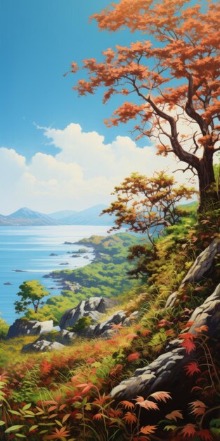 Vibrante paisaje de fantasía en la cima de una colina con árboles costeros