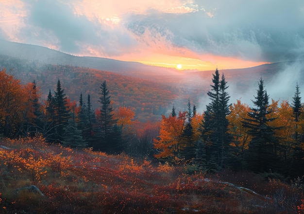 Vibrante paisaje forestal de otoño con densos árboles de colores y puesta de sol