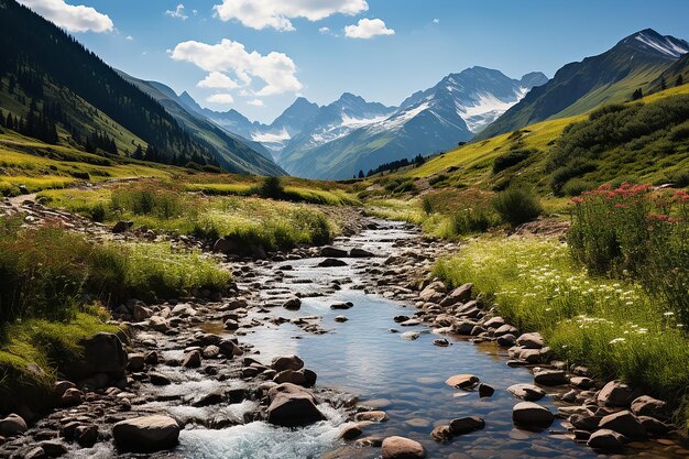 El vibrante paisaje de las montañas de primavera con el valle del arroyo