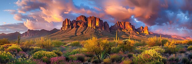 Foto vibrante paisaje montañoso de superstición con coloridas plantas y cactus en arizona