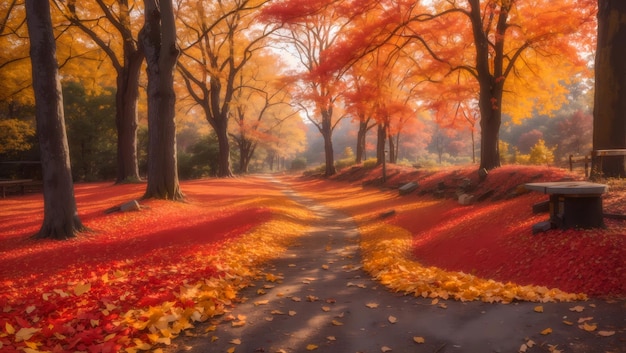 Foto un vibrante paisaje de otoño con una manta de hojas de otoño rojas, naranjas y amarillas en el fondo del bosque