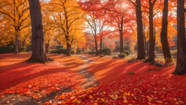 Foto un vibrante paisaje de otoño con una manta de hojas de otoño rojas, naranjas y amarillas en el fondo del bosque