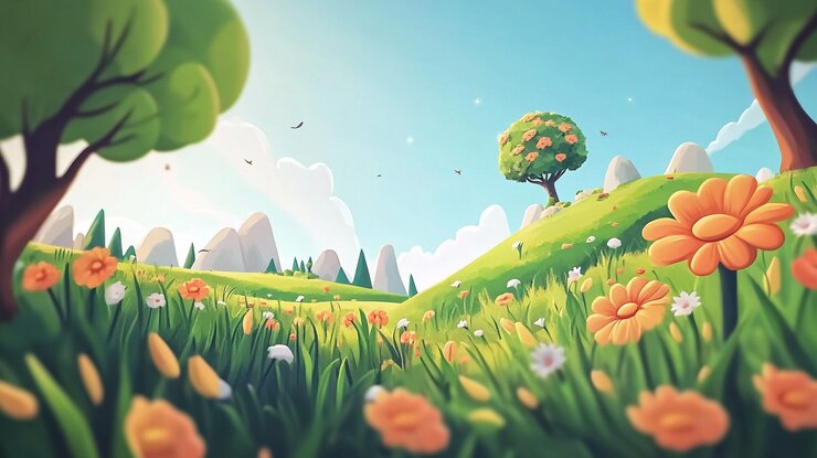 Un vibrante paisaje de primavera con flores de colores y un árbol solitario bajo un cielo brillante