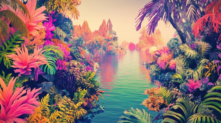 El vibrante paisaje del río del paraíso tropical con una exuberante flora