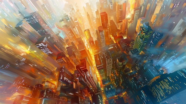 Vibrante paisaje urbano abstracto con colores dinámicos que representan un horizonte urbano moderno efectos de luz surrealistas y movimiento enérgico