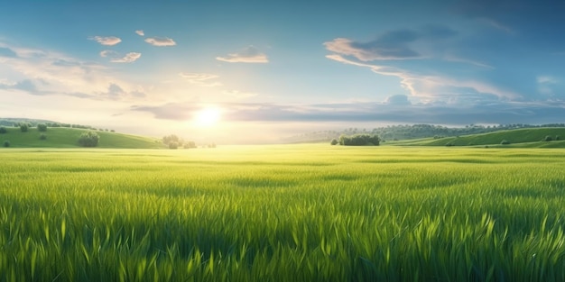 Vibrante paisaje de verano con exuberante campo de hierba verde y cielo azul