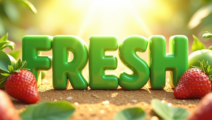 Foto vibrante palabra fresca en verde con frutas y hojas en un telón de fondo soleado