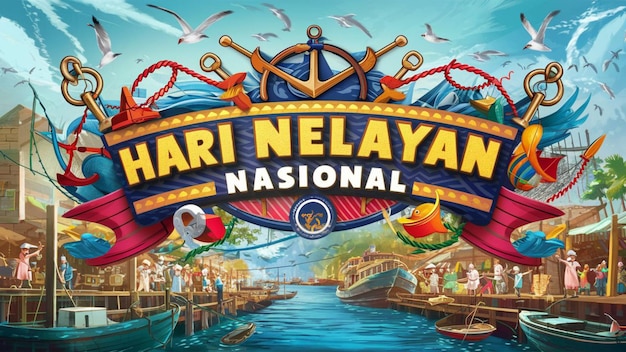 Una vibrante pancarta festiva con las palabras Hari Nelayan Nasional