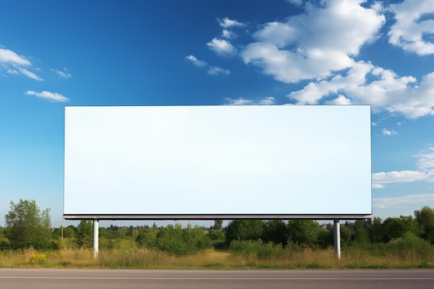 Una vibrante pantalla publicitaria de lona en medio de serenos cielos azules y árboles imponentes