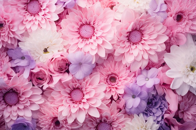 Un vibrante patrón floral con una variedad de flores en tonos de azul rosado y púrpura