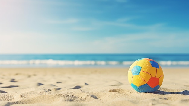 Una vibrante pelota de fútbol multicolor en una playa iluminada por el sol con las tranquilas olas del océano al fondo