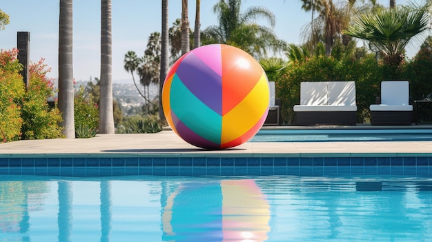 Foto la vibrante pelota de playa agrega un toque clásico al ambiente de la cubierta de la piscina