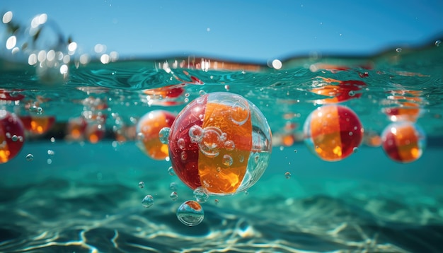 Vibrante pelota de playa de verano rebotando en el agua de la piscina durante una fiesta IA generativa