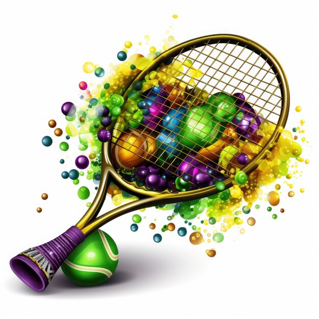 La vibrante pelota de tenis y raqueta Mardi Gras Clipart celebra el espíritu deportivo