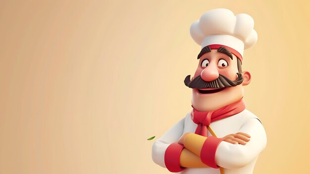 Foto un vibrante personaje de chef en 3d que muestra un fervor culinario inquebrantable colocado contra un animado telón de fondo beige