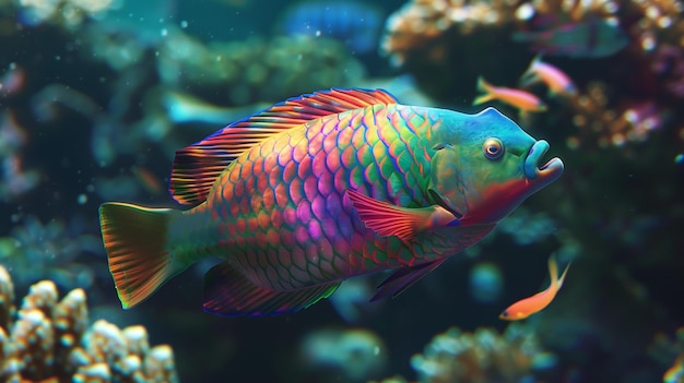 El vibrante pez loro nadando con un arco iris de colores