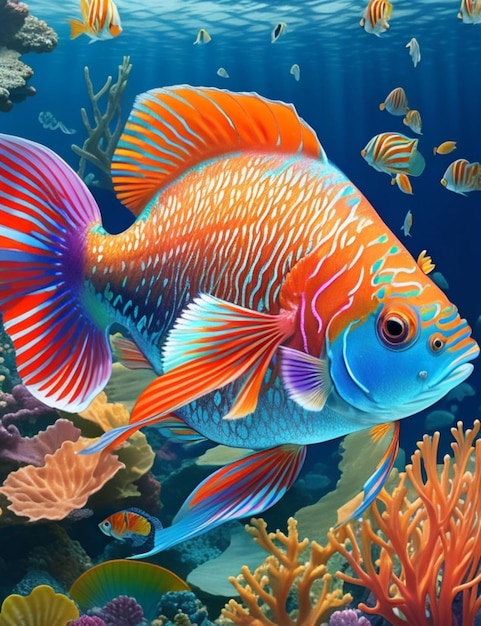 Un vibrante pez mandarín nadando en un mar de tonos arcoíris con sus escamas brillando a la luz