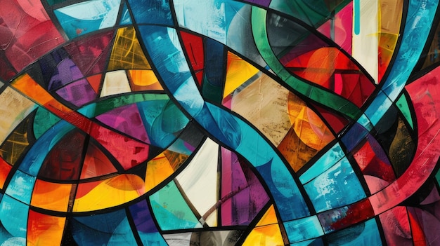Una vibrante pieza de arte de graffiti con un intrincado patrón de formas y colores entrelazados