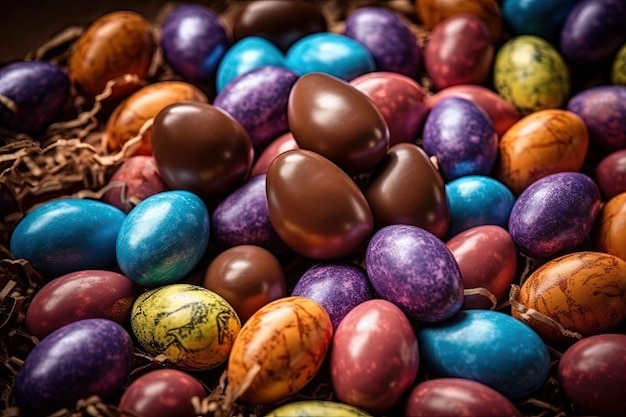 Vibrante pila de huevos de Pascua de chocolate sobre un lecho de paja dorada IA generativa