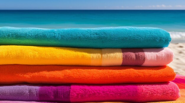 Una vibrante pila de toallas en la playa añadiendo un toque de color a la costa arenosa