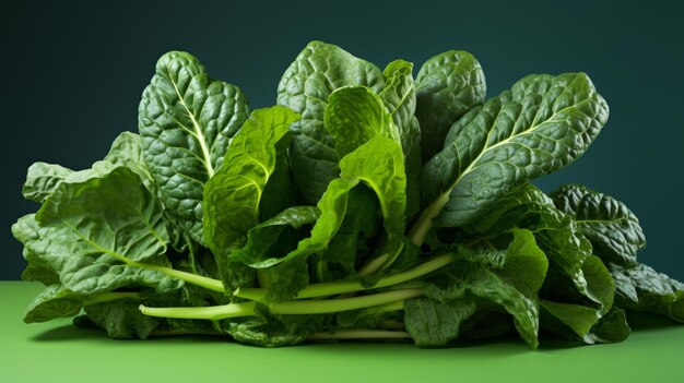 Una vibrante pila de verduras de hojas verdes descansa en una superficie verde exuberante