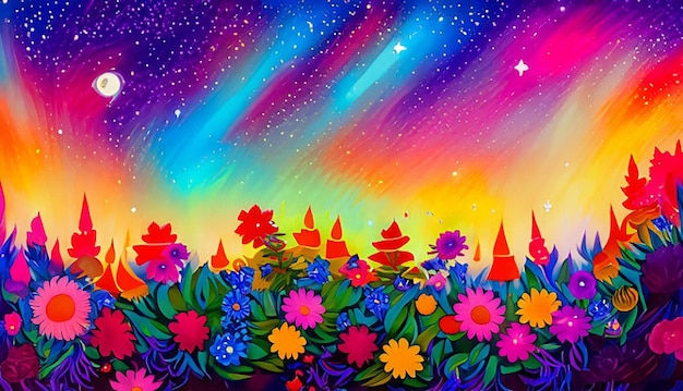 Una vibrante pintura abstracta de un jardín de flores con un brillante cielo nocturno estrellado.