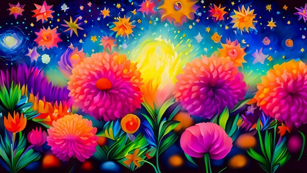 Una vibrante pintura abstracta de un jardín de flores con un brillante cielo nocturno estrellado.