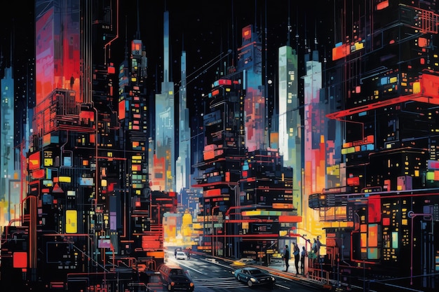 Una vibrante pintura de paisaje urbano que captura la belleza de una ciudad por la noche hipnotizando el resplandor de las luces de la ciudad una metrópolis futurista impulsada por datos creada a partir de tonos de neón eléctrico generada por IA