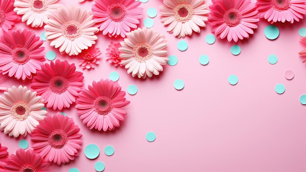 Foto vibrante plana con flores de margarita de gerbera en el fondo con confeti