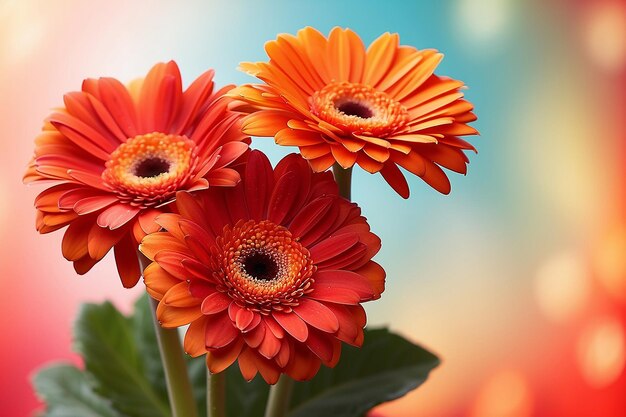 Foto vibrante plantilla floral con tres coloridas margaritas de gerbera en rojo y naranja con un fondo bokeh y copyspace para su texto o mensaje