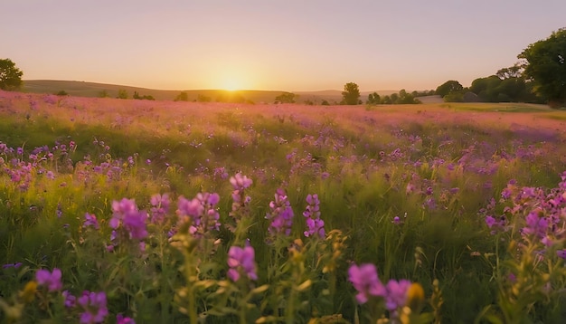 vibrante prado de flores silvestres en el campo de niebla durante la puesta de sol flor de púrpura
