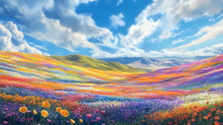 Un vibrante prado de flores silvestres bajo un cielo azul con nubes esponjosas