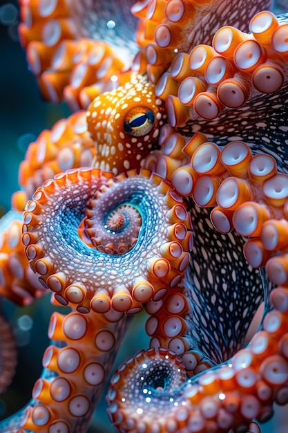 Vibrante primer plano de tentáculos de pulpo naranja con chupadoras en el medio ambiente marino del océano natural